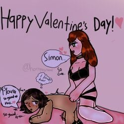 adventure_time auburn_hair betty_grof black_bra canon_couple dark_brown_hair dialogue femdom garter_straps handwritten_text heart hornyassname leaking_precum pegging praise simon_petrikov speech_bubble strap-on thought_bubble valentine's_day white_socks