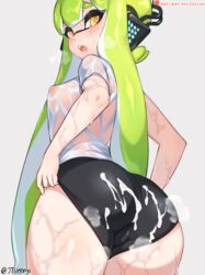 1girls agent_3_(splatoon) ass bike_shorts breasts bubble_butt cum female female_only inkling inkling_girl jtveemo looking_at_viewer looking_back nintendo nipples see-through small_breasts solo solo_female splatoon steam sweat thick_thighs tight_clothing wet_clothes wide_hips