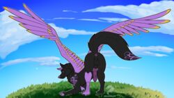 16:9 canid canine canis dragonboii78 feral grass hi_res knot male_only mammal sky solo widescreen wings wolf