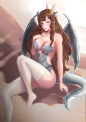 1girls armpits bare_arms bare_shoulders bare_thighs breasts brown_eyes brown_hair cleavage collarbone dragon_girl dragon_tail dragon_wings feather_hair_ornament female female_only fire_emblem fire_emblem_awakening hair_ornament horns large_breasts leg_up long_hair looking_at_viewer nintendo rinku_bny shoulders sideboob sitting smile solo sumia_(fire_emblem) tail thick_thighs thighhighs thighs very_long_hair wings