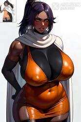 1girls ai_generated big_breasts bleach bleach:_the_thousand-year_blood_war cape dark-skinned_female dark_skin daulawkins dress elbow_gloves large_breasts leotard looking_at_viewer nipple_bulge purple_hair scarf shihouin_yoruichi smile smug solo stable_diffusion standing thick thick_thighs thighhighs thighs voluptuous yellow_eyes