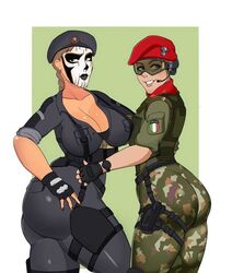 2girls alibi_(rainbow_six) beret big_breasts brazilian brazilian_female campi caveira_(rainbow_six) cleavage facepaint female highres huge_ass rainbow_six rainbow_six_siege smiling tagme thick_thighs tom_clancy