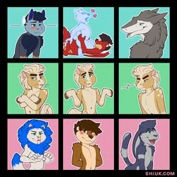 2020 5_fingers absurd_res anthro anthro_penetrating blood blue_body blue_fur blue_inner_ear blue_mane blue_tail blush bodily_fluids brown_hair cowgirl_position crossed_arms equid equine felid fingers fur fur_tuft green_background green_eyes grey_body grey_fur hair hands_behind_back heart hi_res hooves horn horse lagomorph lion lutrine lying male male_only male_penetrating mammal mane monotone_ears multicolored_body multicolored_ears multicolored_fur mustelid nosebleed on_back on_top open_mouth orange_body orange_ears orange_fur pantherine penetration pink_background red_body red_fur red_wings sergal sex shiuk shoulder_tuft simple_background sweat sweatdrop tongue tongue_out tuft whiskers wings