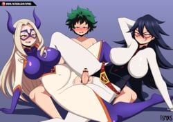 1boy 2020 2girls age_difference belly belly_button belly_button_visible_through_clothing big_breasts big_penis big_thighs black_hair blonde_hair blue_background blue_eyes blush boku_no_hero_academia breasts clothed_female clothed_female_nude_male completely_nude_male crotchless crotchless_clothes deku double_tribadism_on_penis evil_grin fake_horns female frizzy_hair green_hair grinding hero_outfit_(mha) highres hips huge_breasts ilustretsspoks izuku_midoriya kayama_nemuri large_breasts leaning leaning_on_hand licking_own_lips light-skinned_female light-skinned_male light_skin long_hair long_penis looking_at_partner looking_at_partner's_penis looking_at_penis mask masked_female mature_female midnight_(my_hero_academia) milf mount_lady my_hero_academia naked naked_male nemuri_kayama nemuri_kayama_(hero_outfit) nude_male nude_male_clothed_female older_female older_woman_and_younger_boy open_mouth patreon patreon_username penis penis_between_pussy pointless_censoring purple_hair pussy_sandwich ripped_clothing shounen_jump simple_background smile spiky_hair straight superhero superheroine takeyama_yuu teenager thick_thighs threesome tongue_out torn_clothes tribadism_on_penis veiny_penis younger_male yuu_takeyama