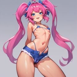 1girls ai_generated bikini_top blue_eyes cameltoe female female_only flat_chest hip_dips milim_nava panties pink_hair puffy_nipples short_shorts smile solo tensei_shitara_slime_datta_ken thighs thong_straps tummy twintails young