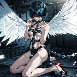 ai_generated ai_hands angel_(megami_tensei)_(cosplay) arms_in_front blindfold blindfold_lift breasts chains choker dark_hair elbows_bent feathered_wings forearms_up kneeling kneeling_female kneeling_on_ground latex latex_bottomwear latex_harness light-skinned_female light_skin one_eye_covered one_eye_visible open_mouth pale_skin persona persona_5 red_eye red_high_heels red_lips short_hair strappy_heels tae_takemi warehouse white_wings