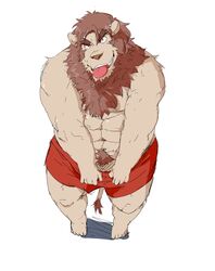 2011 anthro barazoku barely_visible_genitalia barely_visible_penis clothing felid genitals humanoid_hands kemono lion male male_only mammal muscular navel pantherine penis pubes simple_background solo tongue tongue_out train_(artist) underwear white_background