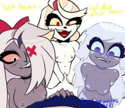 charlie_morningstar_(hazbin_hotel) emily_(hazbin_hotel) excited female fffm_foursome foursome grin grinning_at_viewer hazbin_hotel male male_pov navel panels pov pov_crotch pov_eye_contact pov_male retzhuko_(artist) smile vaggie_(hazbin_hotel)