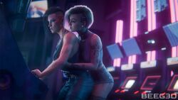 2girls 3d arcade beeg3d cd_projekt_red clothed cyberpunk_2077 green_hair groping groping_breasts groping_from_behind judy_alvarez lesbian light-skinned_female purple_hair tattoo tattoos v_(cyberpunk_2077) valerie_(cyberpunk_2077) yuri