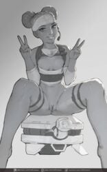 apex_legends areolae bottomless breasts crop_top dark_skin double_bun double_v drone elbow_pads eyeliner feet_out_of_frame female gloves greyscale headband headset highres inverted_nipples lifeline_(apex_legends) lips looking_at_viewer makeup mask_around_neck monochrome naftosaur navel nipple_slip nipples nose pussy short_hair sitting skindentation slender_waist small_breasts smile solo spread_legs uncensored v very_dark_skin