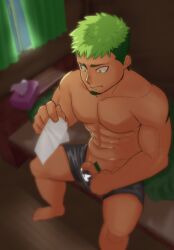 1boy abs after_masturbation bara boxers cum cum_in_clothes facial_hair feet_out_of_frame foreskin from_behind goatee green_hair ikusaba_daisuke male_focus male_masturbation male_only male_underwear male_underwear_pull masturbation multicolored_hair muscular muscular_male on_bed pectorals penis ragi_san_(ononokomachiimo) short_hair sitting solo taurus_mask tissue_box tokyo_afterschool_summoners topless_male two-tone_hair underwear