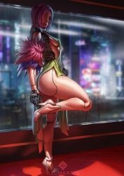 asian asian_female azuma_yasuo azumaarts calves cyberpunk_2077 cyberpunk_2077:_phantom_liberty dress high_heels legs medium_breasts perfect_legs pink_hair shiny_skin side_view sideboob song_so_mi songbird text thick_thighs thighs