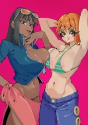 bikini black_hair dark_skin female female_only jeans large_breasts nami nico_robin one_piece orange_hair pohuai_haidan_boom_(artist) post-timeskip pubic_hair sarong striped_bikini sunglasses