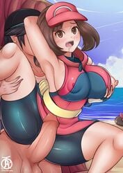 1girls ace_trainer_(pokemon) ace_trainer_(pokemon_sm) alternate_breast_size alternate_outfit_color ass breasts clothed clothed_female_nude_male color elio_(pokemon) eye_contact human looking_at_viewer nintendo npc_trainer nude penis pokemon pokemon_sm pussy revolverwingstudios sex sideboob text thick_thighs watermark wide_hips