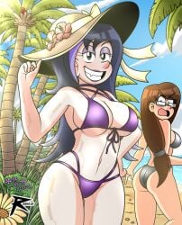 2girls amanda_bright ass beach black_bikini breasts frightstrand glasses half-closed_eyes looking_back purple_bikini raishags shocked_expression sideboob smiling smiling_at_viewer superheroine surprised swimsuit swimwear the_loud_house villainess