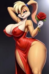 ai_generated anthro blush female female_only frosting.ai high_slit_dress lola_bunny nipple_bulge rose rose_(flower) self_upload thighs warner_brothers weedvee420