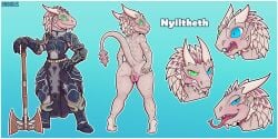 anthro armor ass axe bnbigus clothing dragon dragonborn_(dnd) dungeons_and_dragons female genitals gloves hair handwear hasbro heterochromia hi_res horn model_sheet nipples nude pussy red_body red_eyes red_hair reptile scalie scar solo tail white_body wizards_of_the_coast