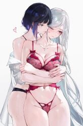 2girls big_breasts black_hair black_underwear blush blushing_at_viewer bra breasts cleavage couple duo embarrassed female genshin_impact grey_eyes half-closed_eyes heart hug hug_from_behind hugging hugging_from_behind jewelry kiss_mark large_breasts lesbian lesbian_couple lesbians light-skinned_female light_skin lingerie lipstick lipstick_mark long_hair looking_at_partner looking_away love medium_breasts multiple_girls neck necklace one_eye_closed panties qiandaiyiyu red_underwear romantic romantic_couple shenhe_(genshin_impact) shirt_down short_hair shy standing underwear white_hair wince yelan_(genshin_impact) yuri