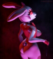 3d 3d_(artwork) anthro ass big_ass big_breasts bowtie breasts bunny_costume bunny_ears bunny_tail butt butt_crack eyelashes five_nights_at_freddy's five_nights_at_freddy's:_security_breach gloves glowing_eyes hips holding_object holding_weapon knife looking_at_viewer menacing open_mouth plump plump_ass pornzensfm_(artist) red_eyes red_gloves red_vest snout solo source_filmmaker spotted_body tail thighs vanny_(fnaf) vest