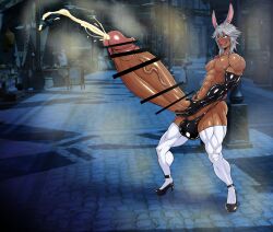 1boy abs animal_ears animal_humanoid bar_censor censored cum cumming dark-skinned_male dark_skin ejaculation erection final_fantasy_xiv grey_hair hyper_penis male male_only penis rabbit_ears solo solo_male viera zeroblack