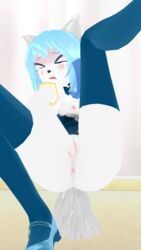 animal_ears blue_hair blush crying dripping fisting fur furry mikumikudance mmd pussy virtual_youtuber white_fur white_tail white_wolf wolf wolfychu