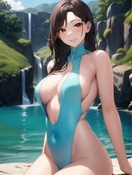 1girls ai_generated ai_mirror belly_button blue_swimsuit blush brown_hair cliffs lake lakeside long_hair looking_at_viewer medium_breasts one_piece_swimsuit orange_eyes rocks sitting smile swimsuit trees waterfalls white_skin