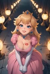 1girls ai_generated big_breasts blonde_hair blue_earrings blue_eyes breasts cleavage clothing collar dress earrings elbow_gloves female female_only gloves looking_at_viewer mario_(series) nintendo pink_dress princess princess_peach queen_of_hearts raceplay royalty solo tattoo yuroart