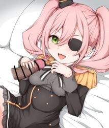 1boy :d annette_(spy_kyoushitsu) bar_censor bed_sheet black_bow black_bowtie black_dress black_headwear blush bow bowtie breasts buttons censored commentary_request disembodied_penis dress epaulettes eyepatch fangs frilled_dress frills green_eyes hair_between_eyes hands_up hat haty long_sleeves lying medium_hair mini_hat on_back one_eye_covered open_mouth penis penis_grab pillow pink_hair sidelocks sleeve_cuffs small_breasts smile solo spy_kyoushitsu tilted_headwear tongue two-tone_bowtie white_bow white_bowtie