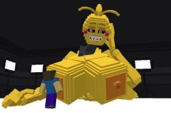 5_fingers big_areola big_teeth black_eyes blue_pants blue_shirt brown_hair chicken clothed_male cubic_breasts excited_female five_nights_at_freddy's fnaf giant_female grey_neck grey_shoes hand_on_head head_feathers jasminehan looking_down macro macro_female minecraft nude nude_female orange_areola orange_nipples pink_cheeks smaller_male steve_(minecraft) studio studio_lights toy_chica_(cyanu) toy_chica_(fnaf) white_floor white_light white_pupils why yellow_body