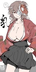 2d 2d_(artwork) bandage_on_face bandage_over_one_eye barely_contained barely_contained_breasts breasts breasts_bigger_than_head brown_hair cleavage clothed clothing curly_hair hakama hakama_short_skirt hakama_skirt hemoroda hyottoko_mask japanese_clothes japanese_text kimono large_breasts len'en long_hair long_sleeves looking_at_viewer mask question_mark red_eyes shorts_under_skirt simple_background sleeves sweat white_background yago_ametsukana