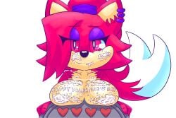 anthro asami_the_cat big_breasts breasts cookie ear_piercing fan_character felid feline female food fur hair hi_res holding_object holidays humanoid long_hair mammal piercing red_body red_eyes red_fur red_hair redeye_samurai_(artist) sega simple_background smile solo sonic_(series) sonic_the_hedgehog_(series) tail tan_body tan_skin valentine's_day