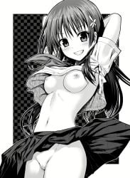 1girls 40010prototype alternate_version_available areolae armpit_peek armpits arms_behind_head arms_up breasts censored female female_only grin long_hair looking_at_viewer medium_breasts monochrome navel nipples no_bra no_panties pose pussy saten_ruiko school_uniform schoolgirl sexy_pose shimanto_shisakugata skirt skirt_lift smile solo to_aru_kagaku_no_railgun to_aru_majutsu_no_index voluptuous