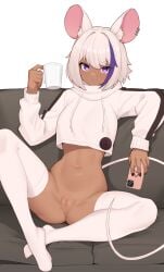 2d 2d_(artwork) 2d_artwork absurd_res big_ears bottomless character_request crop_top crop_top_hoodie cup dark-skinned_female ear_piercing hi_res highres holding_cup holding_object legwear long_tail looking_at_viewer midriff moursho mouse_ears mouse_tail navel not_caring on_couch painted_nails phone purple_eyes pussy sitting sitting_on_bed tagme tagme_(character) tail tan-skinned_female tan_skin tanned tanned_female tanned_girl tanned_skin thighhighs thighs uncensored vagina white_background white_hair white_hoodie