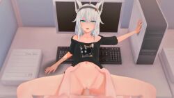 1boy 1girls 3d animal_ears animated blue_eyes bottomless flat_chest fox_girl hairband hololive hololive_gamers hololive_gen_1 hololive_japan laying_on_back looking_at_viewer looking_up no_bra no_panties office pov pussy sex shirakami_fubuki sound t-shirt tagme uncensored vaginal_penetration vaginal_sex video virtual_youtuber wataamage white_hair