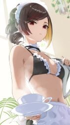 1girls apron artist_request breakfast breasts brown_hair chiori_(genshin_impact) coffee female genshin_impact looking_at_viewer maid maid_bikini maid_headdress pov pov_eye_contact servant small_breasts solo solo_female