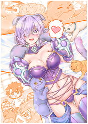 1boy 1girls 2020 animal_ears arm_guards artist_name bare_shoulders blush breastplate breasts cat_ears cat_tail chibi cigar_cat cleavage detached_collar fate/grand_order fate_(series) feline female fujimaru_ritsuka_(male) glasses gloves hair_over_one_eye heart highres large_breasts lavender_hair looking_at_viewer male mash_kyrielight navel open_mouth panties paw_gloves paws purple_eyes purple_legwear purple_panties short_hair signature smile spoken_heart tail thighhighs underwear