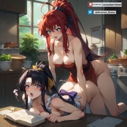 ai_generated akeno_himejima blush breasts breasts_out breasts_squeezed_together futa_on_female futa_on_futa futanari futanari high_school_dxd kitchen lesbian_couple lesbian_domination lesbian_sex nipples nude rias_gremory stable_diffusion sunlight sunset wrecker_rioter yuri yuri yuri