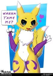 anthro breasts canid canine digimon digimon_(species) digital_media_(artwork) english_text female fluffy fluffy_tail fox fur genitals heart hi_res mammal nude pussy renamon solo speech_bubble text wunderhase