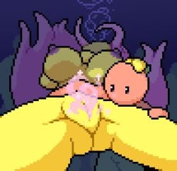 after_orgasm after_sex asphyxiation big_breasts big_thighs bubbles drowning empress_of_light glowing_pussy_juice holding_stomach pink_hair pixel_art pussy pussy_juice sinking terraria tomato_(okami_tomato) underwater underwater_sex zxtomatofan