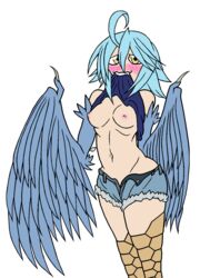 1girls blue_hair blue_wings blush clothing ecn13000 female female_only harpy lifting_shirt looking_at_viewer monster_girl monster_musume_no_iru_nichijou papi_(monster_musume) shirt_in_mouth short_hair shorts small_breasts solo winged_arms wings yellow_eyes