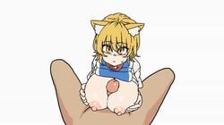 1boy 1girls animal_ears animated blonde_hair bouncing_breasts breast_grab chanta_(ayatakaoisii) eye_contact fox_ears fox_humanoid huge_breasts male_pov no_sound paizuri pov ran_yakumo shirt_lift touhou video