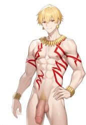 1boy abs ai_generated ai_golden_map blonde_hair fate_(series) gilgamesh_(fate) male_focus male_only nude penis presenting red_eyes solo tattoo