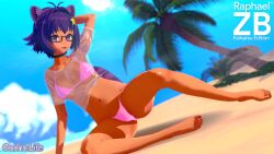 1girls animal_ears bex_(gacha_life) bikini choker colored_toenails copyright_logo dark_skin feet female gacha gacha_3d gacha_club gacha_life glasses koikatsu lunime palm_tree purple_hair racoon_girl raphaelzb short_hair solo star_hair_ornament tanooki_girl tanooki_tail toes