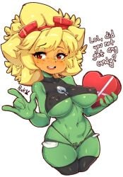 black_legwear blonde_hair blonde_hair_female english_text female_only freckles freckles_on_face goggles green_body heart-shaped_box peakedcomedy plant plant_girl plantie plants_vs_zombies plants_vs_zombies:_heroes red_eyes red_goggles solar_flare_(pvz) sunflower text thong valentine's_day