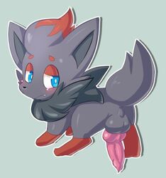 1boy 2019 animal_genitalia animal_penis ass backsack better_version_at_source blue_eyes blush canine_penis earthb-kun feral fur furry green_background grey_body grey_fur knot looking_back male male_only multicolored_body multicolored_fur nintendo nude penis pokémon_(species) pokemon pokemon_(species) pokemon_bw presenting presenting_hindquarters raised_tail rear_view red_body red_fur simple_background solo testicles two_tone_body two_tone_fur video_games zorua