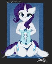 anthro arms_behind_back blue_eyes corset cutie_mark daxhie equine female friendship_is_magic fur hasbro horn kneeling lingerie looking_at_viewer mammal my_little_pony panties rarity_(mlp) seductive smile solo underwear unicorn white_fur