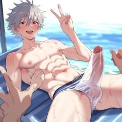 ai_generated big_bulge blush bulge bulge_through_clothing erect_penis erection huge_bulge kaworu_nagisa large_penis male_focus male_only neon_genesis_evangelion on_beach outdoors penis precum presenting public silver_hair sitting stardust_ai torn_clothes torn_underwear walk-in wet wet_body wet_bulge wet_clothes wet_panties wet_skin