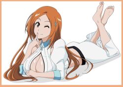 ass barefoot bleach breasts cleavage fully_clothed hair_ornament highres inoue_orihime large_breasts long_hair looking_at_viewer lying on_stomach one_eye_closed orange_hair prone sha11021997 smiling_at_viewer wink