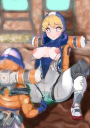 2girls :o apex_legends blonde_hair blue_eyes breasts electricity electrostimulation exposed_breasts half-dressed lichtenberg_figure multiple_girls reborns scar selfcest shocked surprised wattson_(apex_legends)