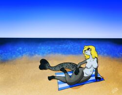 anthro beach beach_towel blonde_hair breasts cansinodx female grey_body hair hi_res mammal marine markings nude nude_anthro nude_female pinniped seal solo tail tail_markings towel